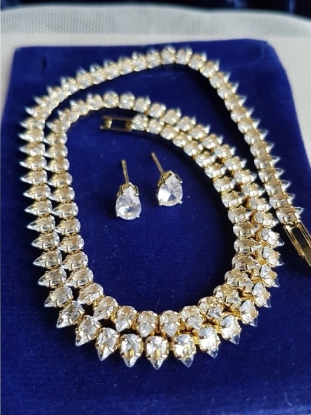 Swarovski Elements Yellow Gold Plated Teardrop Tennis Necklace & Studs SET NEW